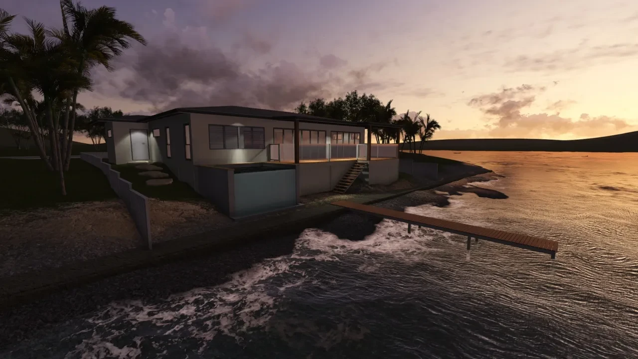 THE COVE — twilight render with jetty and waterfront