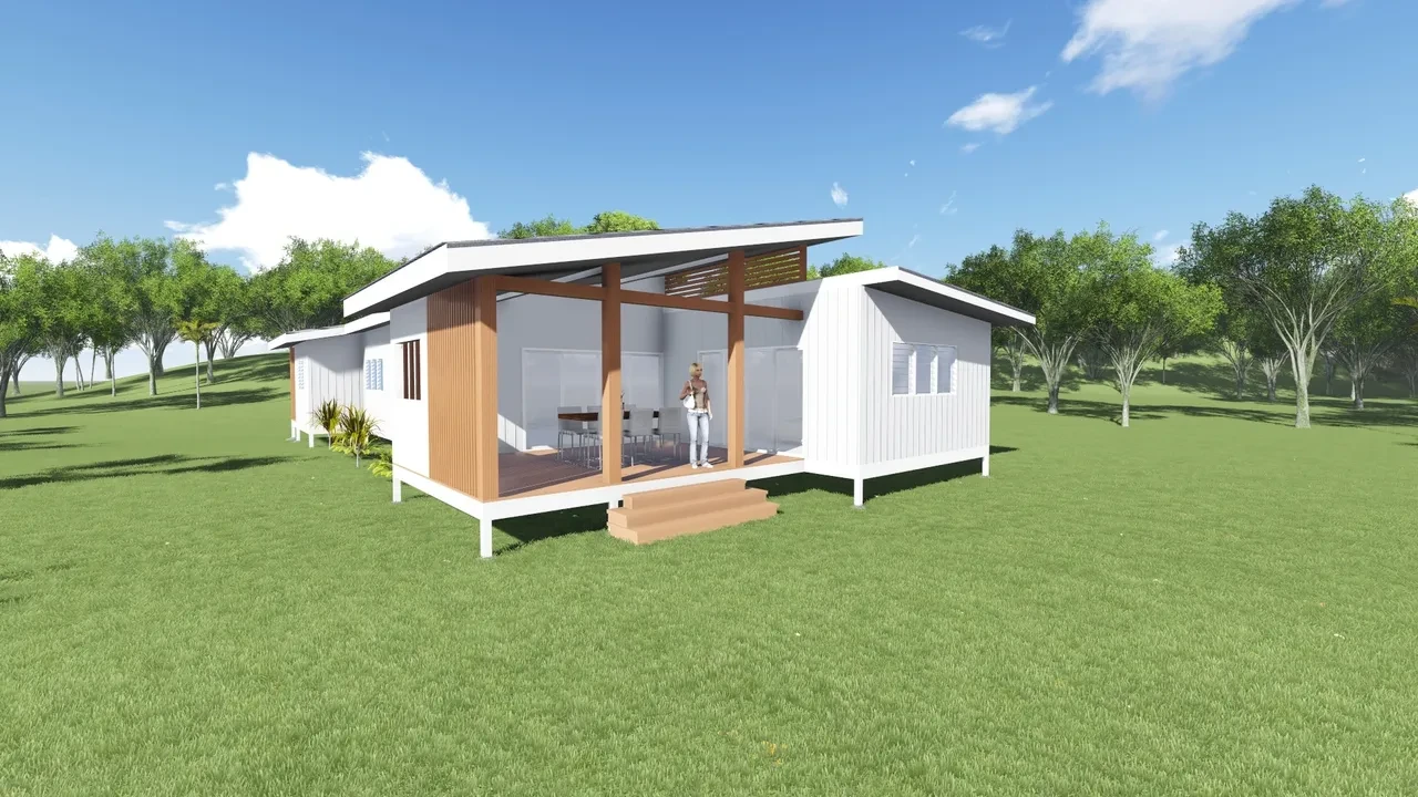 Violet — long white modular home with red door, timber accents and covered entry