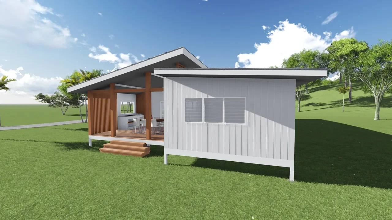 Violet — grey and white cabin with gabled roof, timber verandah and open kitchen
