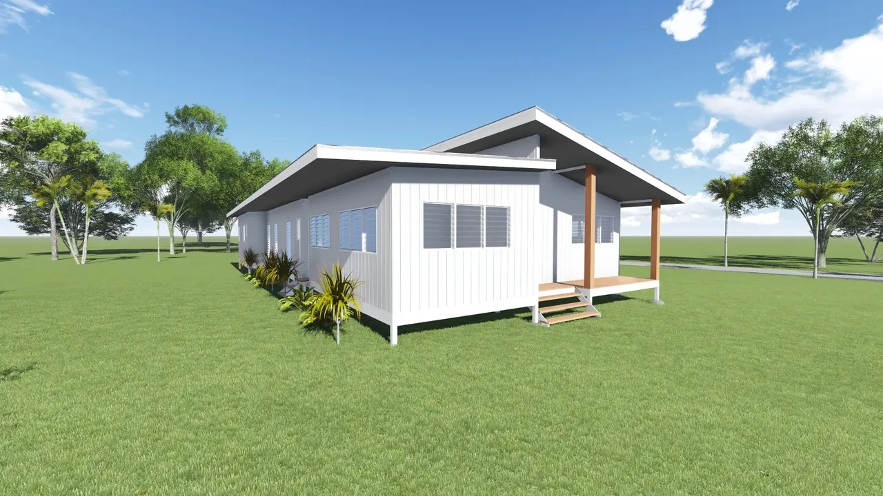 Violet — white gabled home with louvre windows, tropical garden and timber entry steps