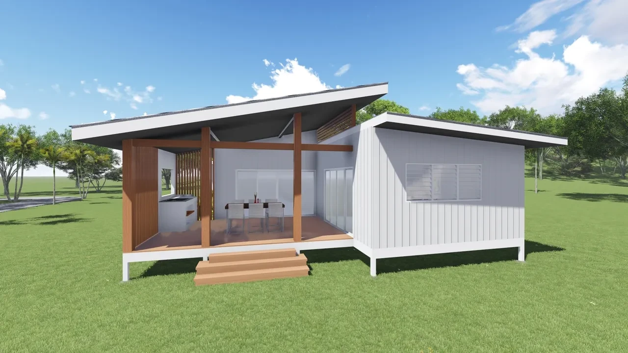 Violet — white modular home with open verandah, timber posts and dining area visible