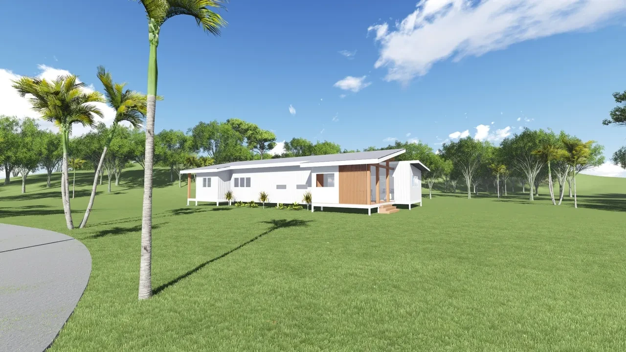 Violet — wide white home with timber battens, palm trees and curved driveway