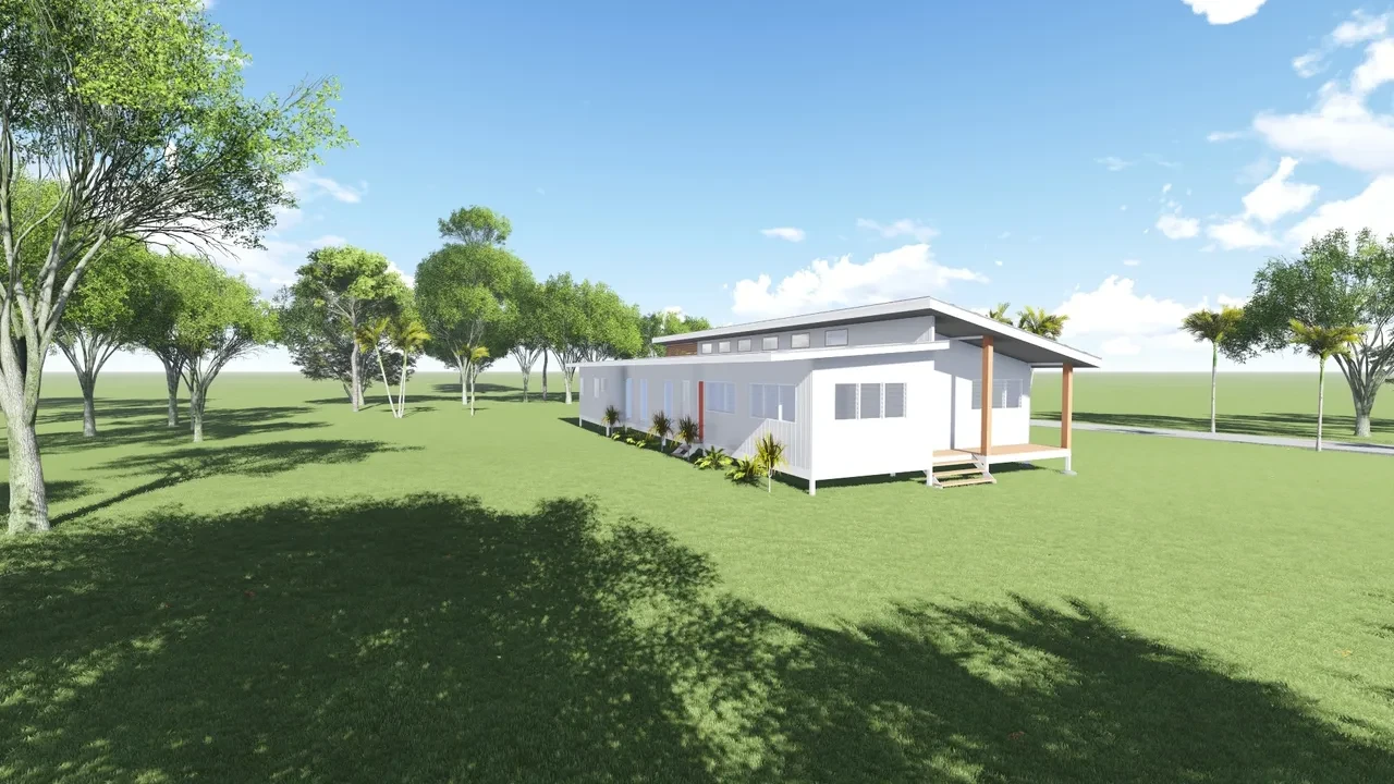 Violet — white home with skillion roof, red door accent and covered timber deck